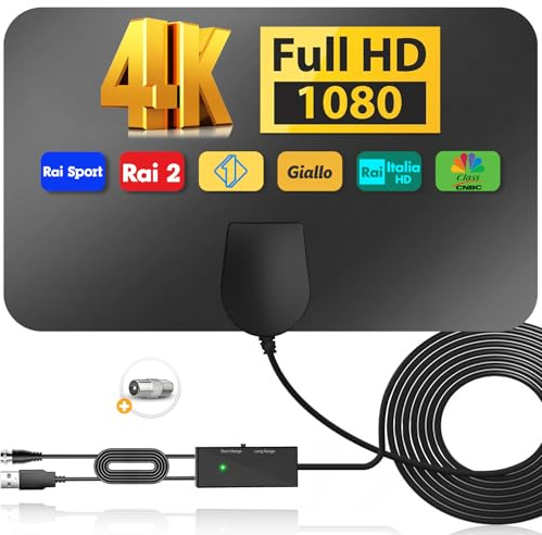 Yowrepu 2025 Nuova Antenna TV Interna Digitale Terrestre - Antenna da Interno per Smart TVs e Vecchie TVs (con Decoder Digitale DVB-T/T2), con Amplificata Potente, Cavo Coassiale da 5 m