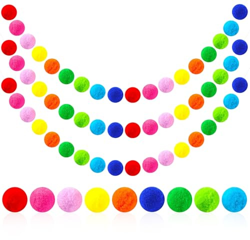 3 Stück Pompom Girlanden, 2M Filzkugeln Girlanden mit 90 Bäll, Bunte Filzkugeln Girlandens, Pompom Girlandes Filzkugelns für Wand Kinderzimmer Christbaum Party Schmuck