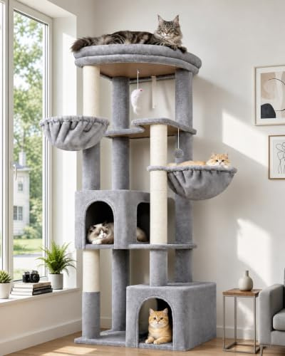 Globlazer Tiragraffi per Gatti Angolare 163 cm con 2 Grandi Grotte 45*30*30CM, Immenso Piattaforma, 2 Morbido Cesto, Albero Stabile per 2-4 Gatti Grandi Adulti Riposati Grattati (C64, Grigio Chiaro)