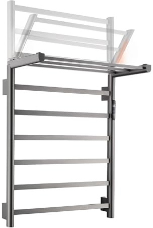 SWHC Scaldasalviette Elettrico Bagno con WiFi e Controllo Smart, Termoarredo Bagno Intelligente con Ripiano Portaoggetti Pieghevole, Display LED, Timer, Inossidabile 304 (Grigio Pistola)