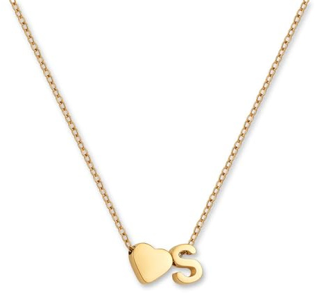 GD GOOD.designs Collana con lettera S e ciondolo a cuore | Collana personalizzata in acciaio inox 316L - placcata oro 18K | Collana regolabile da donna 42–47 cm