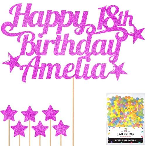 Cakeshop Personalised Happy Birthday Glitter Cake Topper - Pink Any Name & Any Age Glitter Cake Decoration and Sprinkles - Happy Birthday Decorations - Custom Toppers for Cakes