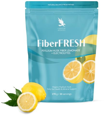 Carnium Botanicals FiberFRESH – Polvo de Fibra, 270 g | Cáscara de Psyllium, Electrolitos, Magnesio Bisglicinato & Malato, Potasio, Sodio, Sabor Limón