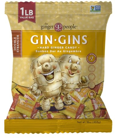 GIN GINS – Bonbons durs au gingembre – Double force – Élaboré avec du vrai gingembre – Emballés individuellement – The Ginger People – Sachet de 453 g