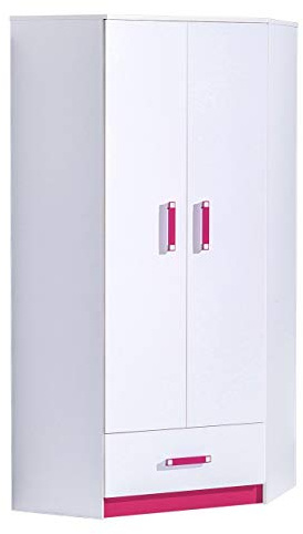 Furniture24 Eckkleiderschrank TRAFIKO 02, 2 Türiger Drehtürenschrank, Eckschrank mit 3 Einlegeböden, Kleiderstange und Schublade, Kleiderschrank für Jugendzimmer, Kinderzimmer (Weiß/Rosa)