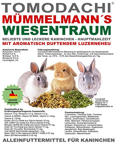 Kaninchenfutter Raufutter Hasen Hauptmahlzeit Strukturfutter Erbsenflocken Möhrenflocken Luzerneheu Kräuter Löwenzahn Gemüse 10kg Sack
