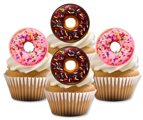 24 Donut Cupcake Toppers (PRECUT Optional), Edible Doughnut Cake Topper, Doughnuts Birthday Decorations, Donuts Cake-Topper, Cute Sprinkles - 1.5 Inch/4cm Discs (PRECUT)