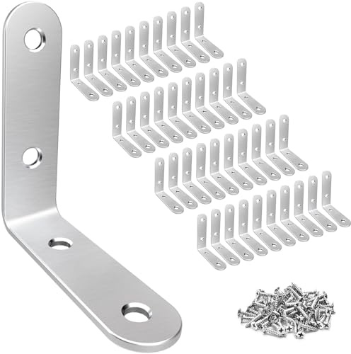 LuckIn 40 Pcs L Bracket Stainless Steel Corner Brace Sets, 90 Degree Right Angle Shelf Brackets with Screws for Wood Furniture, Chairs, Table, 50mm x 50mm, Silver, 2 Inch