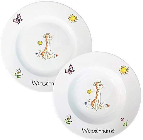 Kindergeschirr Tiere Speiseservice 2-tlg. Suppenteller und Speiseteller Giraffe Kinder Service Set aus Porzellan personalisierbar mit Wunschname Name Kindergeschirr mit Namen personalisiert