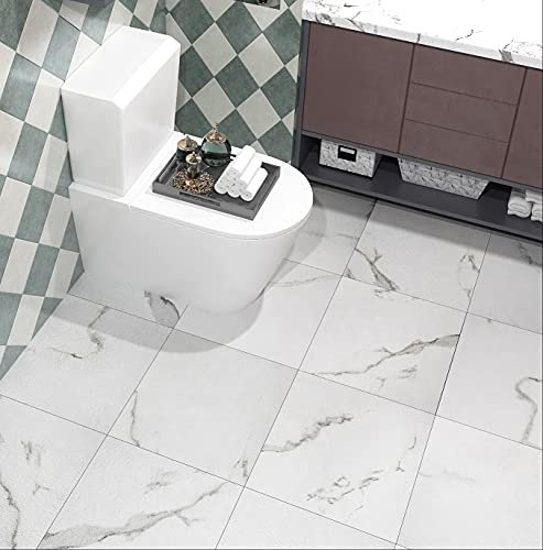 FunStick 30X30CM 30 Dalles de sol autocollantes en pvc Effet Marbre Blanc Carrelage Adhesif Mural Blanc Dalle PVC Adhesive Sol Marbre pour Salle de Bain Cuisine Vinyle adhésif Sol blanc Carreaux