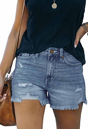 ANCAPELION Damen Denim Shorts Ripped Jeansshorts Mittlere Taille Ausgefranster Saum Hotpants Used-Look Shorts für Sommer A-Dunkelblau L