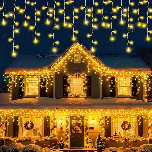 Etopgo Eisregen Lichterkette Außen,15M 480 LED Eiszapfen lichterkette außen Warmweiß Strom Timer, 8 Modi Weihnachtsbeleuchtung Lichtervorhang Aussen für Außen Dach, Garten,Fenster,Zaun Deko