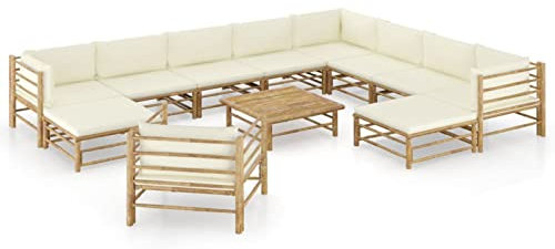 Keketa Gartenlounge Gartensofa 12-TLG. Gartenmöbel Set mit Kissen Cremeweiß Balkonmöbel Balkonlounge Garten Lounge Sofa Sitzgruppe Sofagarnitur Terrassenmöbel Ecksofa Bambus
