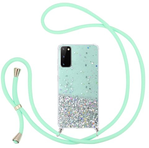 Pepmune Handyband Kompatibel mit Samsung Galaxy S20 FE Hülle mit Band Glitzer Transparent Case Silikon Schutzhülle mit Kordel zum Umhängen Mädchen Handyhülle für Samsung S20 FE 4G/5G Mintgrün