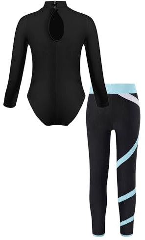 TiaoBug Mädchen Langarm Turnanzug Gymnastikanzug mit Sport Leggings Turnhose Zweiteiler Ballett Tanz Anzug Ganzkörper Leotard Hellblau 158-164