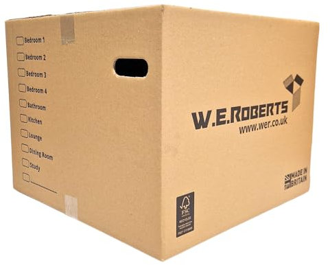 W.E. Roberts 10 Strong Extra Large Cardboard moving Boxes. Packing boxes for moving house with Printed Room List and Carry Handles 52cm x 52cm x 40cm cardboard Boxes