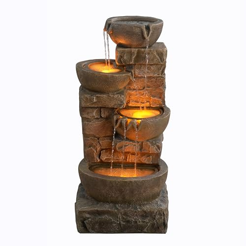 Teamson Home 84.5 cm Cascading Bowls & Stacked Stones LED Outdoor Water Fountain for Outdoor Living Spaces, Brown | 33 Inches Height