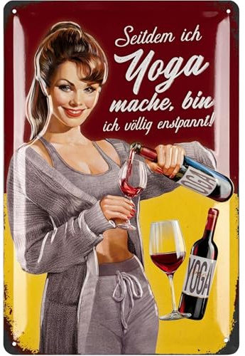 LANOLU Retro Blechschild WEIN YOGA, Bild Küche, Schilder mit Sprüchen, Retro Deko, Küchenbilder, Weinkenner Geschenk, Weindeko, Vintage Metallschild 20x30cm