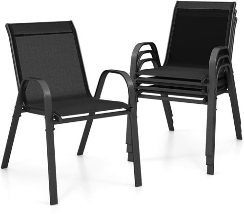 GIANTEX Set di 4 Sedie Impilabili, Sedia da Giardino con Corrimano, Telaio in Acciaio Tubolare Verniciato a Polvere, Sedia per Giardino e Patio