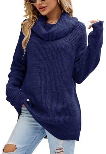 crazy bean Maglione Donna Elegante a Collo Alto Maglie Pesante a Maniche Lunghe Caldo Dolcevita Lungo Pullover Invernale in Maglia Oversize Blu Scuro XL