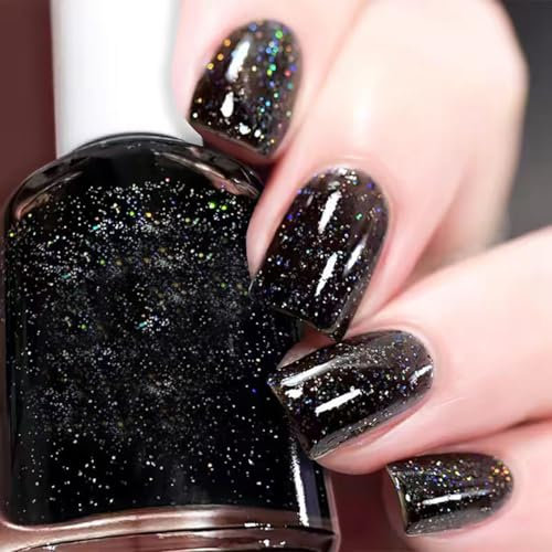 Glitter Nail Polish, glitter Nail Varnish, Quick Dry & Long Lasting nail polish, black Nail No UV Lamp Curing, Chip Resistant, Non-Toxic, Quick Drying, At Home & Salon Manicure (10#Black)
