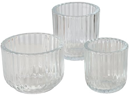 Modernist Home 3 Piece Chubby Tea Light and Votive Candle Holders, Set of 3, Clear Ribbed Glass, 2.75, 3.5, and 4.25 D Inches