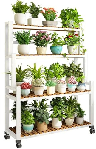DECORN Supporto per Piante da Esterno e da Interno Scaffale per Piante in bambù a 4 Livelli con Struttura in Metallo Supporto per Piante Alto Porta Fiori Rack per più Piante per Patio,White-120cm L