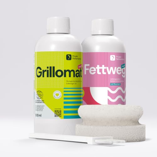 GRILLOMAT® Grillreiniger & FETTWEG Küchen-Fettlöser 2 x 500 ml | Grillreiniger und Fettlöser im Doppelpack • Inklusive Schwamm und Pinsel • Gegen Eingebranntes und Küchenfett