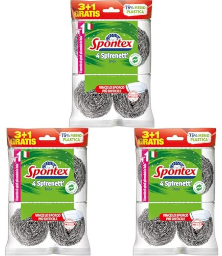 Spontex Spirenett' 3+1, Pagliette in Acciaio per la Rimozione dello Sporco più Ostinato di Pentole, Stoviglie e Griglie. Formato 4 pezzi (Confezione da 3)