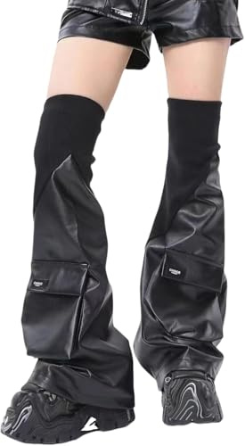 DSAoTeng Y2K Punk Gothic Beinstulpen für Frauen – PU Leder ausgestellte Stiefelüberzüge mit 3D aufgesetzten Taschen, Schnürung, gerüschte Beinabdeckung, Harajuku Grunge Rave Zubehör für Club-Party,