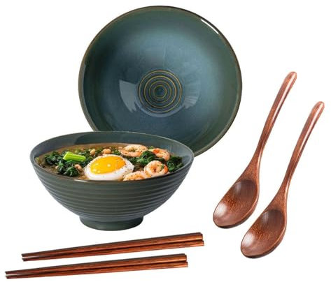 Ceraozmus Lot de 2 bols à ramen en céramique - 1200 ml - 20 cm - Avec cuillère et bâtonnets pour ramen soup pho udon noodles asiatiques - Grand bol à noodle (vernis vert)
