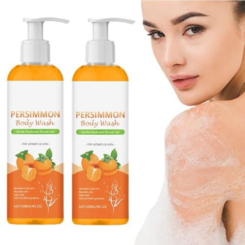 Gel de Ducha de Caqui, Paquete de 2 Desodorantes Naturales para Personas Mayores, Gel de Ducha Hidratante de Caqui y Té Verde, Eliminador Purificador de Limpieza Profunda, para el Olor Corporal