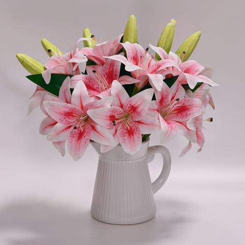 MUSHUI 21 cabezas de lirios artificiales con 14 flores + 7 brotes, tallo corto, flores falsas para oficina, boda, hogar, celebraciones, arreglos florales, manualidades, decoración de tumbas