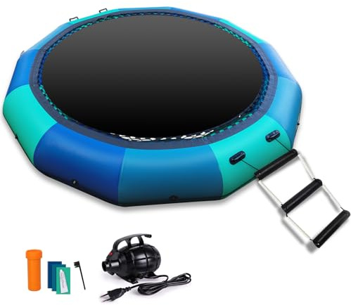 10FT Inflatable Water Trampoline for Lake, Recreational Water Bouncer for Adults, Blow Up Floating Trampoline with Ladder, Electric Pump for Beach, Pool, Park, Outdoor Activities, Blue and Green