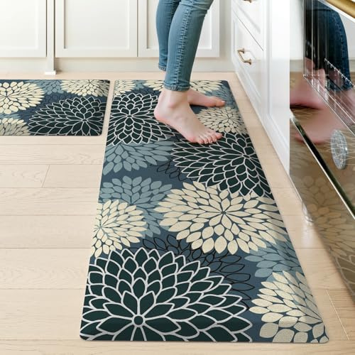 KIMODE Küchenmatten für den Boden, gepolstert, Anti-Ermüdung, Boho-Blumenmuster, Küchenteppich-Set, rutschfest, ergonomisch gepolstert, Memory-Schaum, Küche, Bodenmatte für Waschküche, Waschbecken