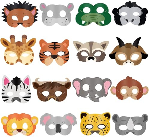 XIABYAYU Maschere Animali Giungla, 16 Pcs Maschera Animali Bambini, Maschera Bambini, Maschere per Feste Compleanno, Halloween, Carnevale, Cosplay