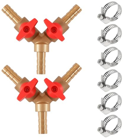 ASOFTY 2 Stück 3 Wege Schlauchverbinder, Y-Schlauchverbinder mit 6 Schlauchschelle, 3 Weg Messing Schlauch Kugelhahn, Messing Abzweigventil Verbinder für Schlauch, Wasser (8MM)