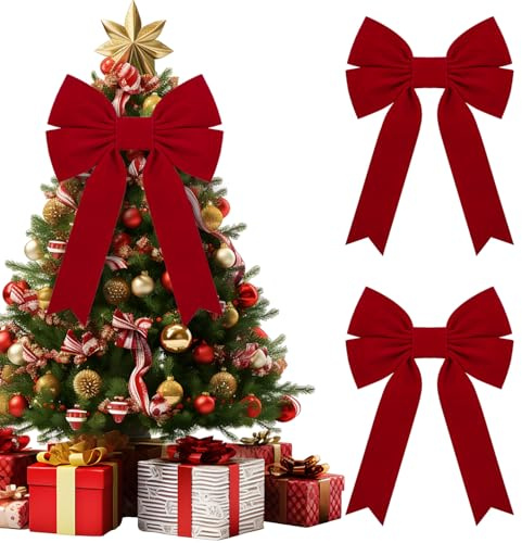 2 Pcs Large Red Velvet & Felt Christmas Tree Bow Festive Decorative Ornament for Gift Wrapping Tree Topper Wreath Swag Mantle Front Door Window Holiday Outdoor Indoor Decoration (Red)