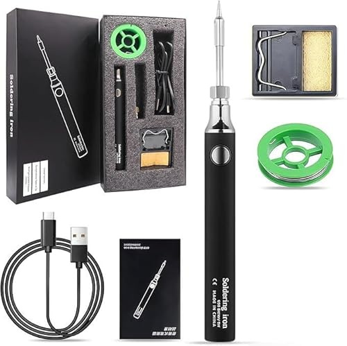 USB Lötkolben Set Kabellos – 3-Temperaturstufen (330℃-450℃) inkl. Ständer & Zubehör, Sicher & Einfach für Elektronik-Reparaturen (Schwarz)