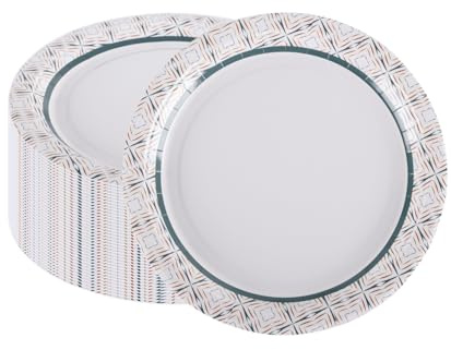 CEILIWEN Paquete de 50 platos de papel blanco de 23 cm, platos de papel resistentes con bordes de patrón geométrico, a prueba de cortes y remojo, resistentes a los arañazos, para uso diario, catering