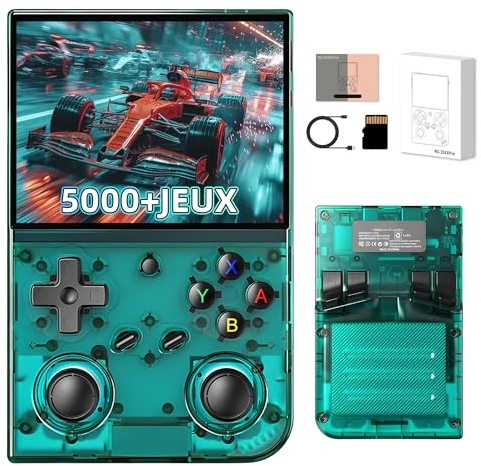 RG35XX Pro Console de Jeu Portable Rétro 64Go avec 5 000+ Jeux Rétro Intégrés 17 Émulateurs, Système Linux, Écran IPS 3,5 Pouces, Wi-FI et Bluetooth, Sortie TV, Double Joystick 3D (Vert Transparent)