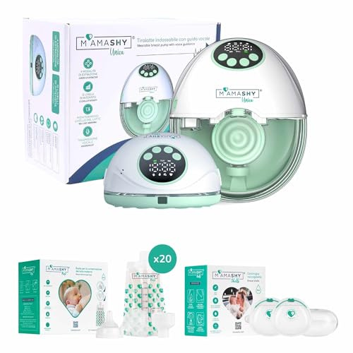 MAMASHY Unica Box, Tiralatte Elettrico Portatile per allattamento BPA-FREE | Tiralatte Silenzioso con 6 Taglie, Guida Vocale, 4 Modalità, 12 Intensità, 20 Sacchetti Latte, 2 Coppette Raccogli Latte