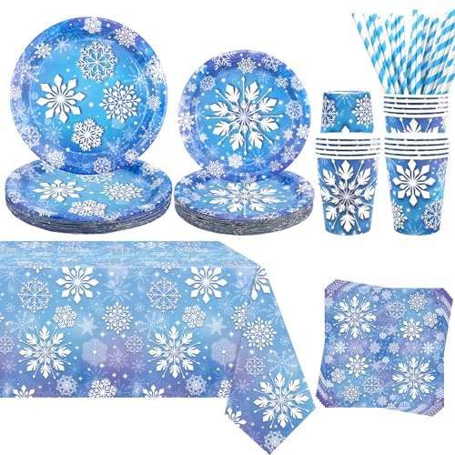Winter Snowflake Party Decoration Include Plates Tablecloth Napkins Cups Straws, Tableware Set for Snowflake Winter Wonderland Party, Serves 20