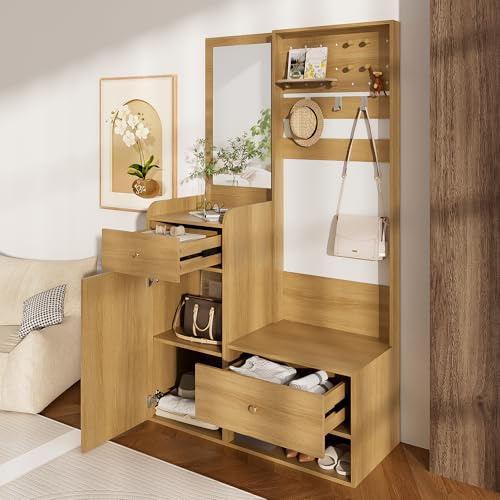 Witimisy Garderobe mit Spiegel,Kompaktgarderobe,Mit verstellbaren Haken und Regalen für Schuhe,Für Flur,Diele, Eingangsbereich,105x38x180 cm (Holzfarben)