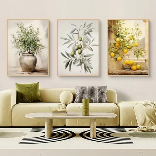 TROYSINC 3er Vintage Mediterrane Pflanzen Poster Set, Zitronenbaum Olivenbaum Bilder Set, Aesthetic Wandbilder Wohnzimmer Wanddeko für Wohnzimmer Schlafzimmer, ohne Rahmen (A,50x70cm)