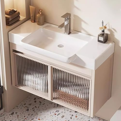 ZKBDBWTR Mobile Bagno con Lavabo a Parete con Vasca in Ceramica e Mobiletto Portaoggetti in Alluminio Spaziale, Mobile Bagno Sottolavabo Angolare