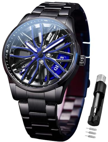 OLEVS Herrenuhren Drehende Auto-Rad Quarzuhren Modischer Sport Edelstahl Herrenarmbanduhr Leuchtend Wasserdicht für Männer