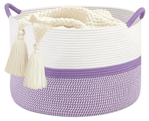 Calkkrer Cesta de Ropa Lilac, Cesta de Ropa, Cesta de Manta Trenzada de cordón de algodón, Sala de Estar, Almacenamiento de Juguetes, Habitación Infantil, Cesta de cojine