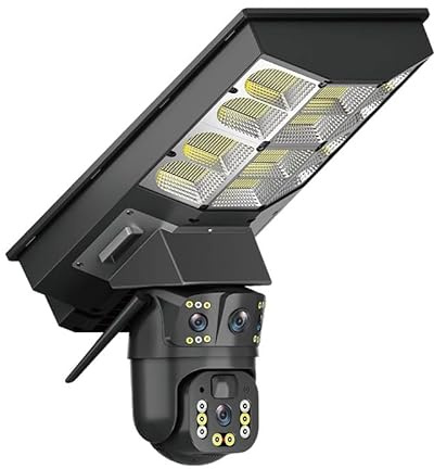 PUSOKEI Farola Solar y Cámara de Seguridad, Luces Solares con Sensor de Movimiento, Cámaras de Seguridad FHD 1080P con Lente Dual, Red 4G, Detección Humana PIR, Almacenamiento en la