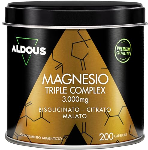 Magnesio Complex - 3000mg - Triple Magnesio Bisglicinato, Citrato y Malato - 200 Cápsulas - 422,5mg Elemental por Dosis - Alta Biodisponibilidad - Rendimiento, Energía, Bienestar - ALDOUS